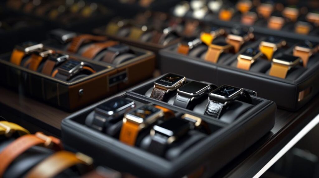 Capa para Apple Watch: Qual Tipo é Ideal para Você? 2 Fotografia hiperrrealista de diversos estojos de Apple Watch em suporte elegante e moderno.