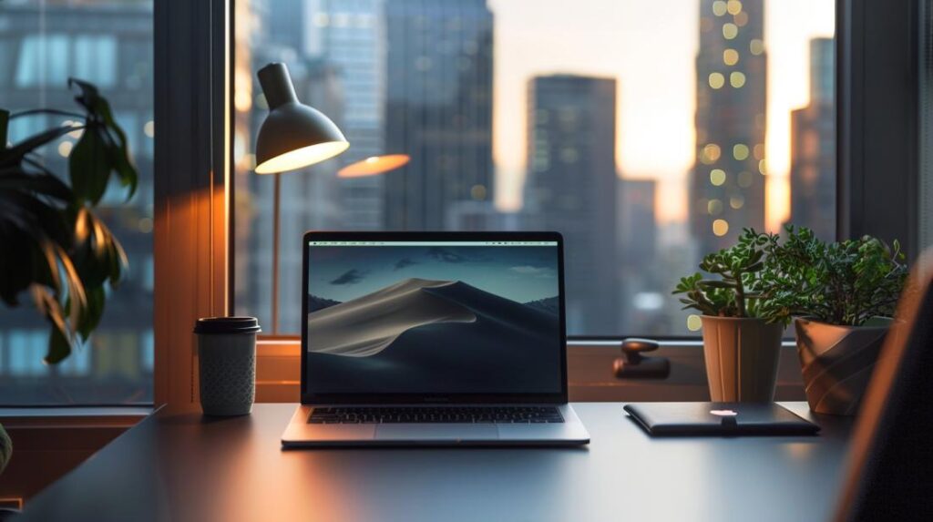 Capa para MacBook: Realmente Preciso de Uma? 2 MacBook Pro em uma mesa minimalista; capa de couro ao lado. Cidade ao fundo.