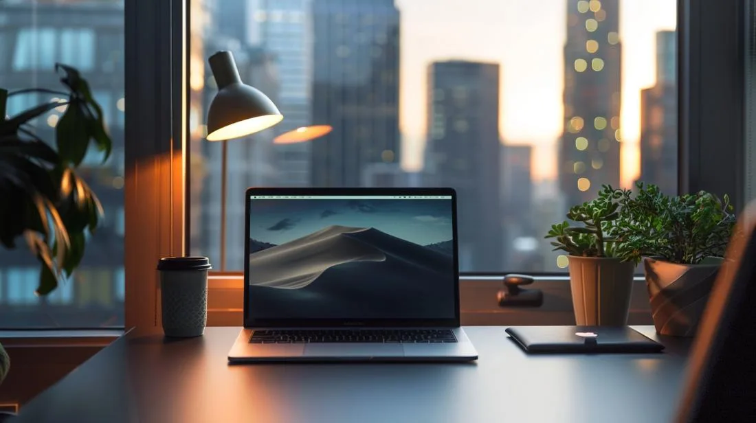 MacBook Pro em uma mesa minimalista; capa de couro ao lado. Cidade ao fundo.