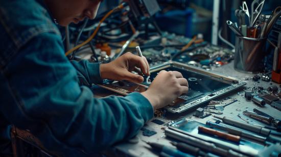Fotografia hiper-realista de técnico reparando a carcaça de um MacBook em oficina moderna.