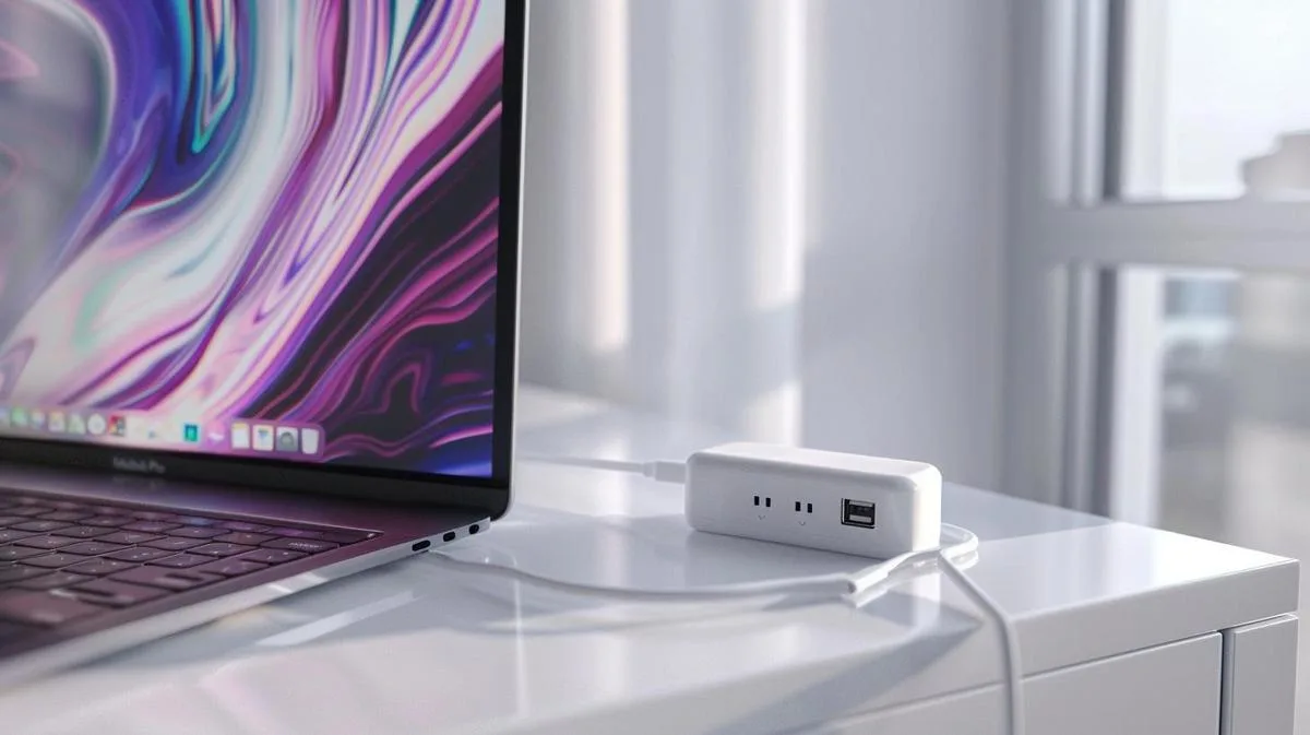 Fotografia hiper-realista de um carregador MacBook num ambiente minimalista e moderno, bem iluminado.