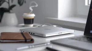 Fotografia hiper-realista de um caricabatteria MacBook Pro argento de 85W em espaço de lavoro moderno.