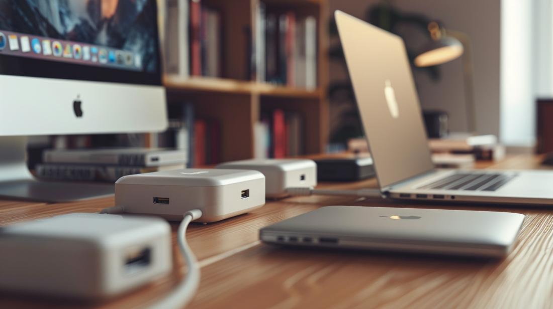 Uma foto hiper-realista de diversos carregadores MacBook meticulosamente dispostos em uma mesa de madeira.