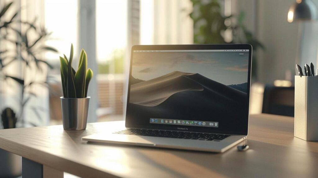 Comandos de arranque MacBook Pro: quais são eles? 2 Fotografia hiper-realista de um MacBook Pro moderno em uma área de trabalho minimalista startup.