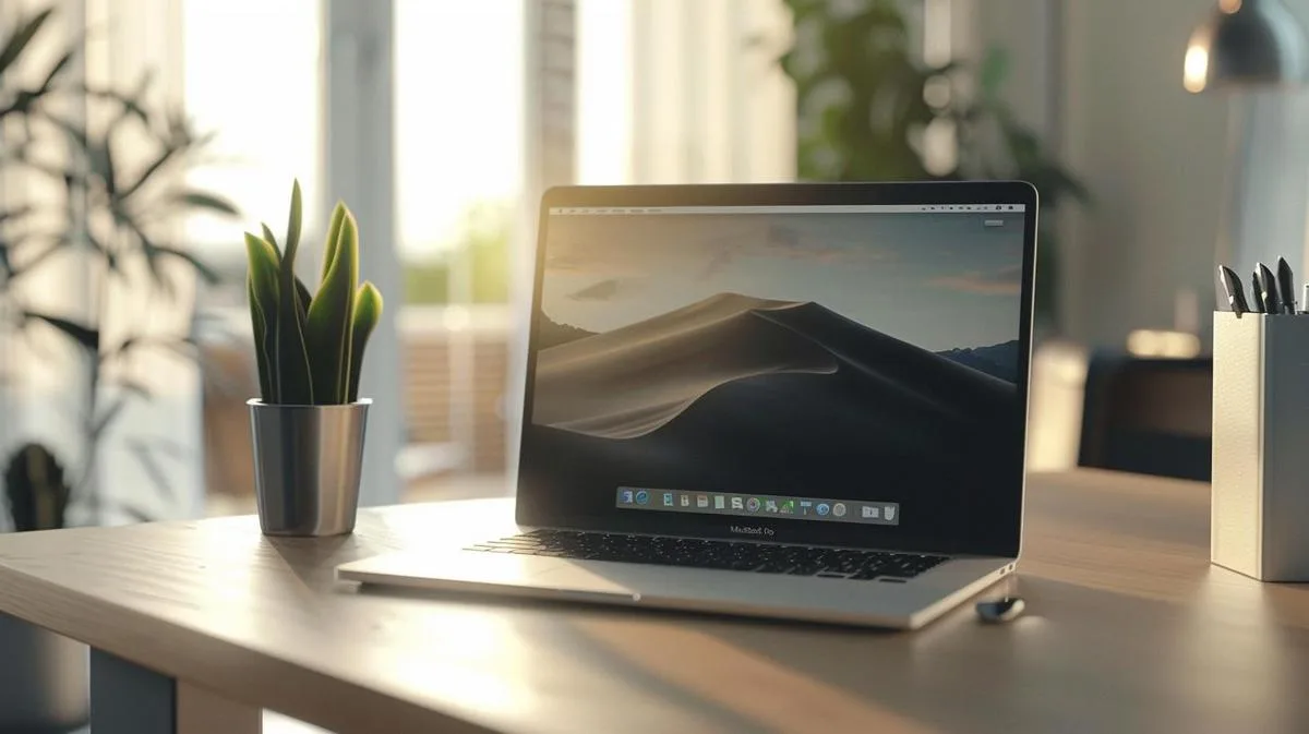 Fotografia hiper-realista de um MacBook Pro moderno em uma área de trabalho minimalista startup.