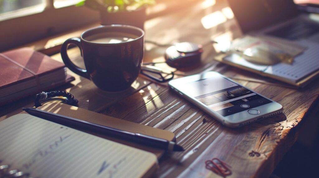 Como abrir arquivo mp4 no iPhone de forma simples? 2 Fotografia hiper-realista de um iPhone moderno tocando vídeo MP4 sobre uma mesa estilosa.