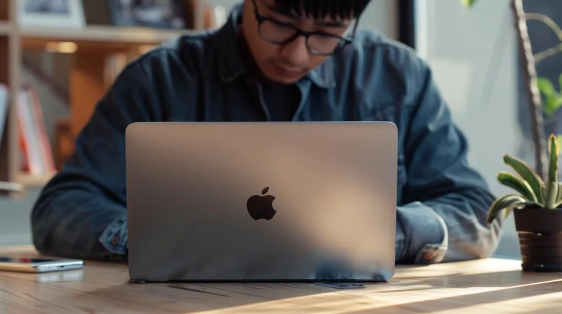 Técnico meticuloso removendo logo da Apple de MacBook prateado em espaço de trabalho moderno.