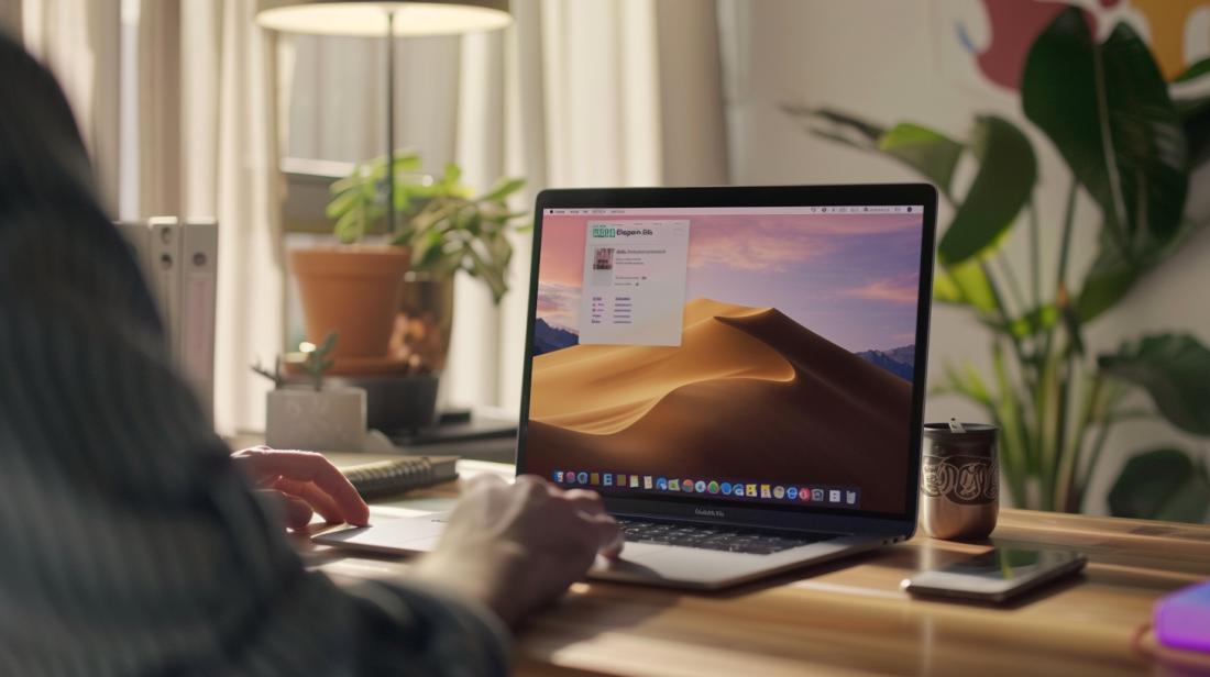 Fotografia hiper-realista de pessoa atualizando MacBook em escritório moderno, iluminado por luz natural.