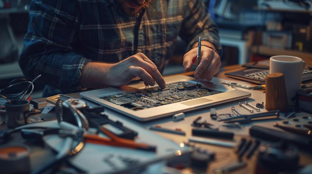 Como aumentar RAM no MacBook Pro 2015? 2 Técnico meticuloso atualiza RAM de MacBook Pro 2015 em espaço de trabalho bem iluminado.