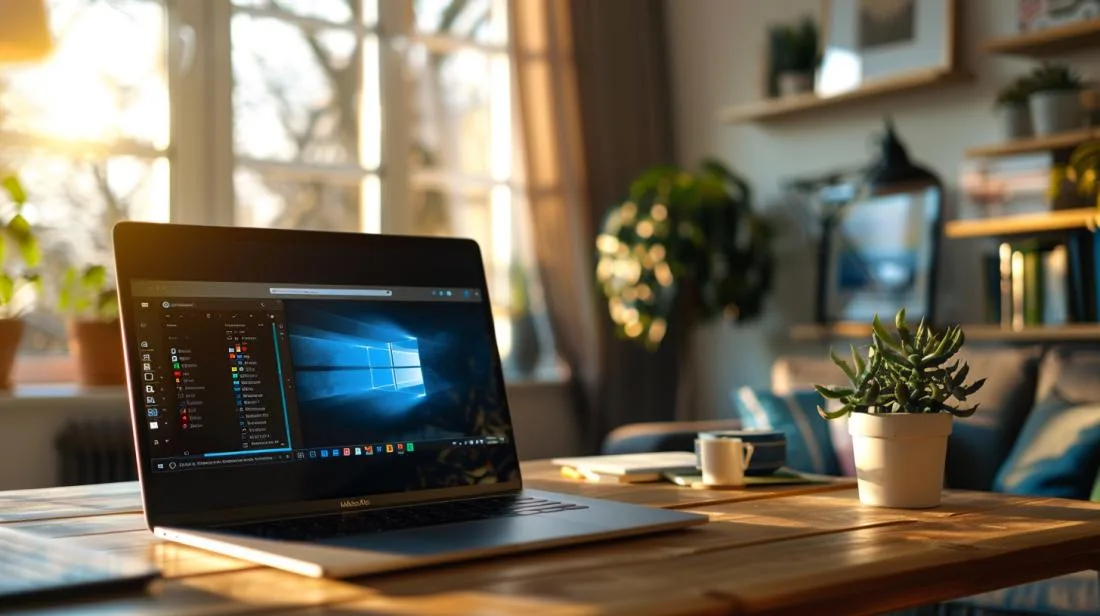 MacBook Pro baixando Excel, em mesa de madeira organizada, con decoração minimalista e luz natural.