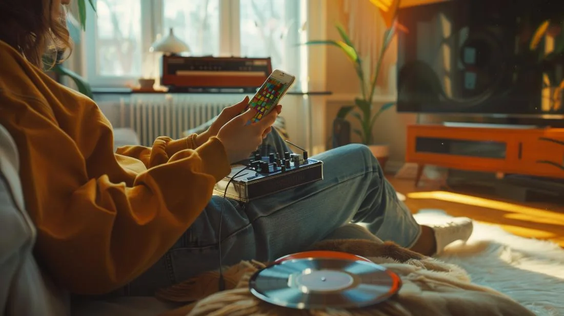Fotografia hiper-realista de jovem baixando música no iPhone em um café moderno e aconchegante.