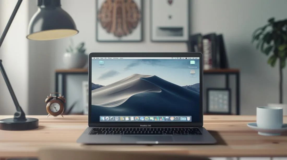 Fotografia hiperrrealista de um MacBook Air em uma mesa moderna, com o app Relógio aberto.