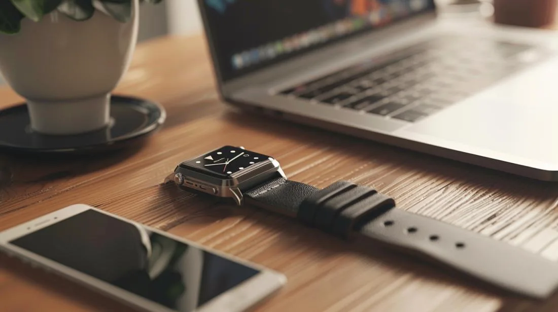 Fotografia hiper-realista de relógio elegante ao lado de um MacBook Pro em ambiente minimalista.