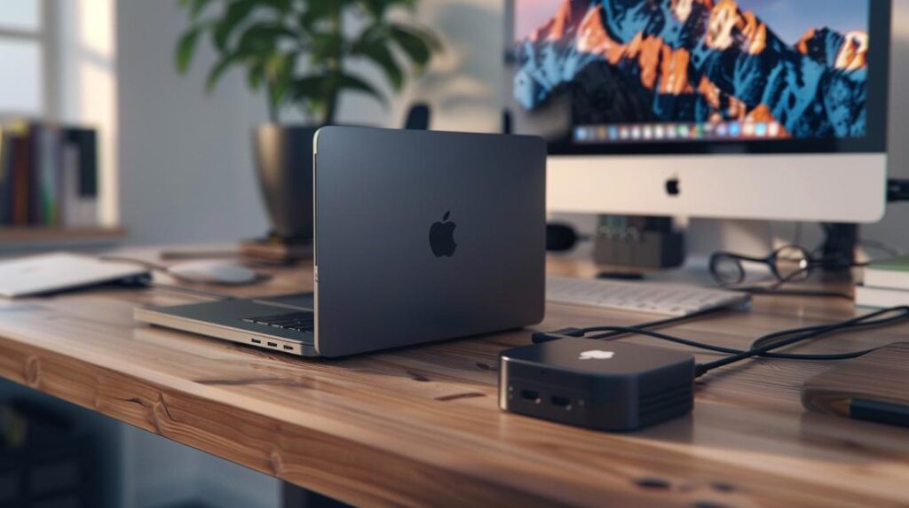 Espaço de trabalho moderno com Mac Mini e MacBook Pro conectados em mesa de madeira elegante.