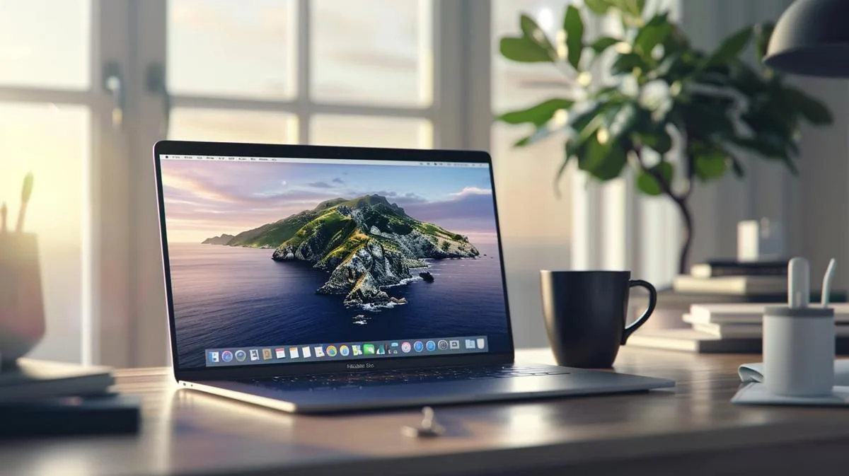 Foto realista de pessoa configurando MacBook Pro em mesa minimalista com luz natural.