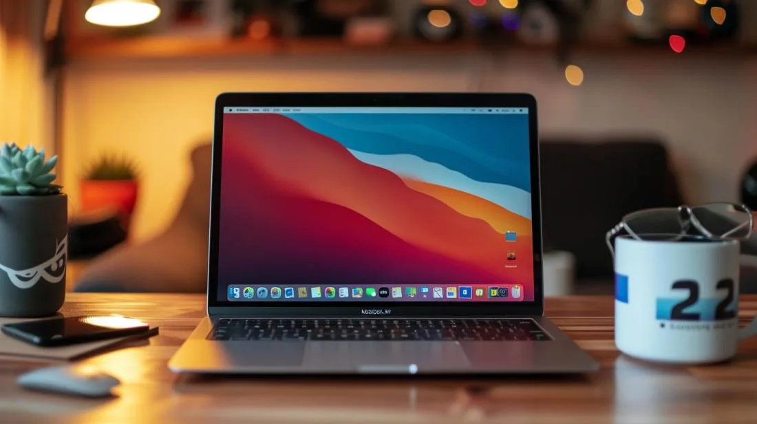 Pessoa configurando um MacBook Air pela primeira vez em um home office moderno e aconchegante.