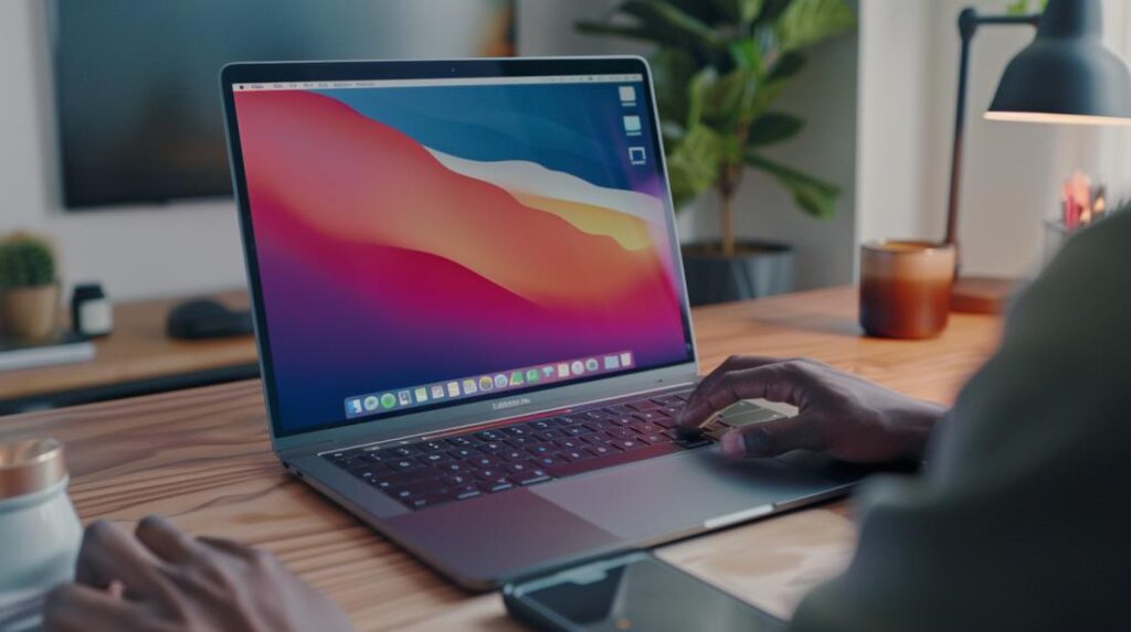 Foto hiper-realista de uma mesa de trabalho moderna com MacBook Pro e mãos copiando texto.