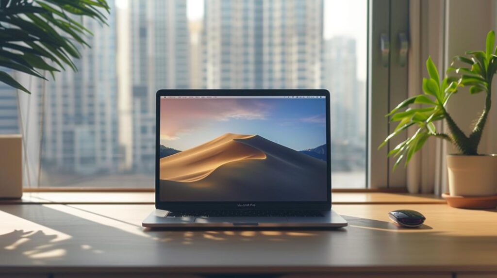 Fotografia hiper-realista de um workspace moderno com MacBook Pro, teclado, mouse e planta.