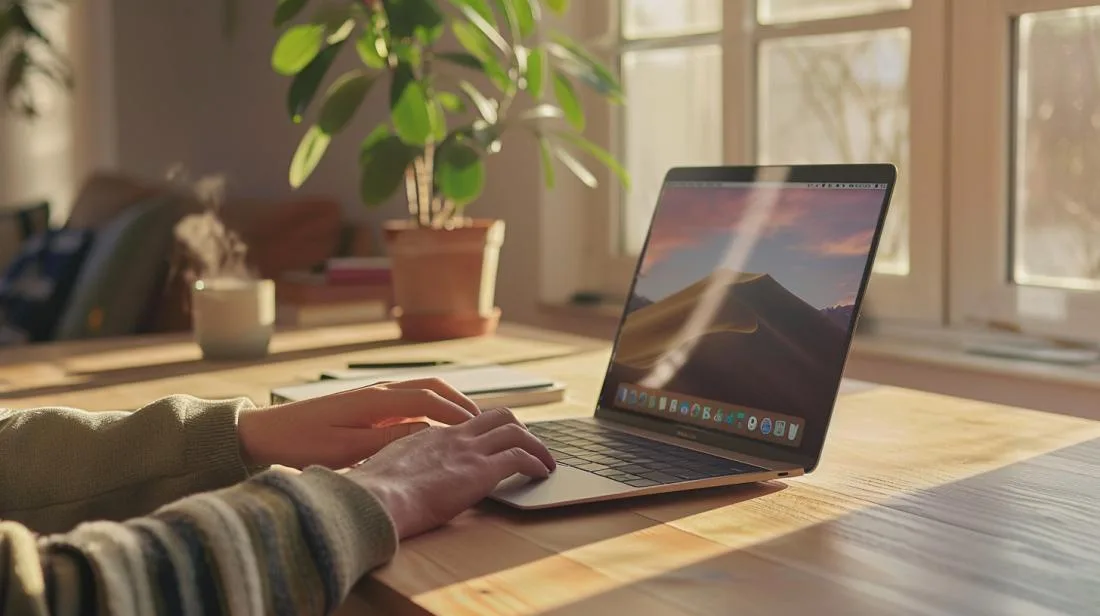 Usuário desinstalando programa em MacBook Air em escritório moderno, iluminado por luz natural.