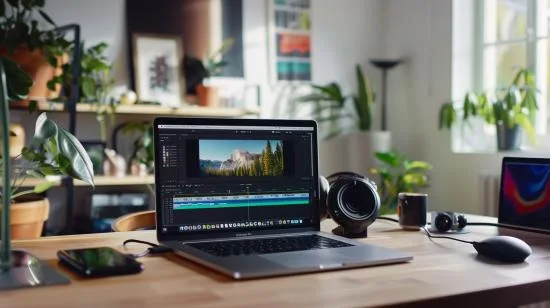 Uma bancada moderna con MacBook Pro, softwares de edição de vídeo abertos e accessori organizados.