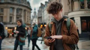 Jovem profissional ansioso busca MacBook Air perdido, usando app em praça movimentada de cidade.