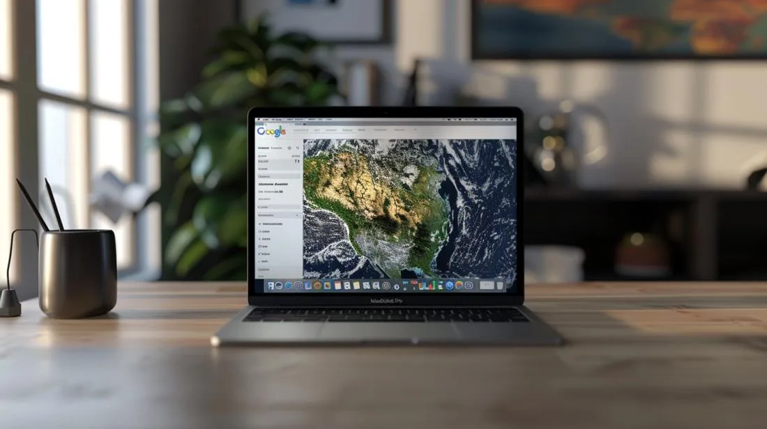 Alt text: MacBook Pro displaying Google Earth download page in modern, minimalistic workspace with natural lighting.