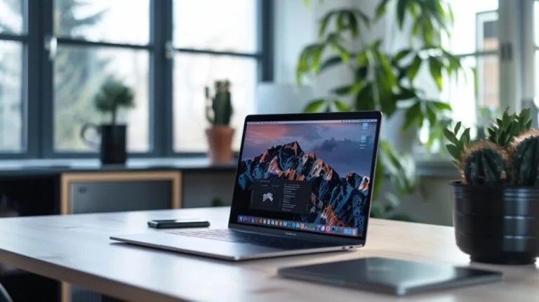 Fotografia hiper-realista de pessoa formatando MacBook com backup de dados em ambiente moderno.