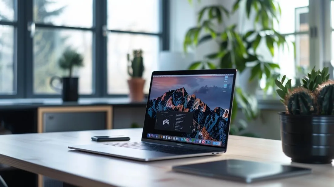 Fotografia hiper-realista de pessoa formatando MacBook com backup de dados em ambiente moderno.