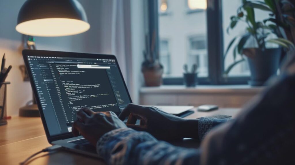 Fotografia realista mostrando a limpeza de cache em um MacBook moderno em environnement minimalista.