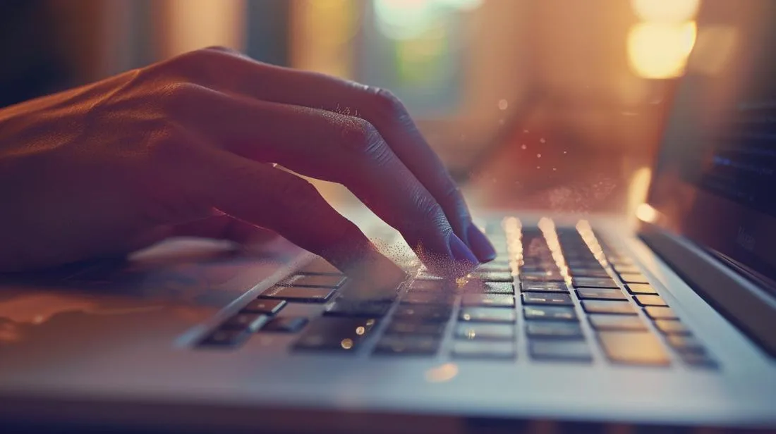 Pessoa limpando teclado de MacBook com pincel pequeno, iluminada por luz natural suave.
