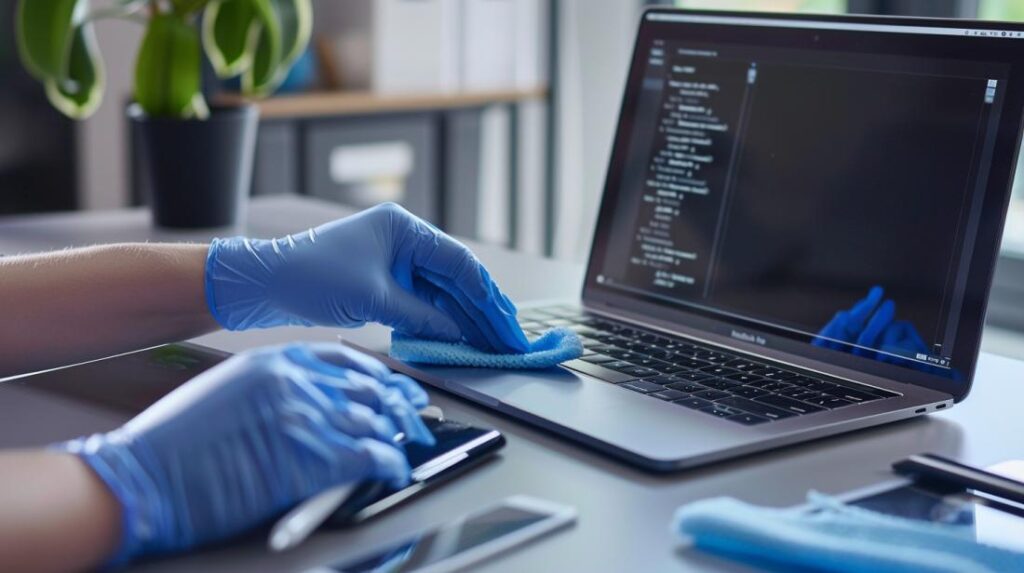 Como limpar teclado e tela do MacBook? 2 Fotografia hiper-realista de limpeza cuidadosa de um MacBook em um espaço de trabalho minimalista.