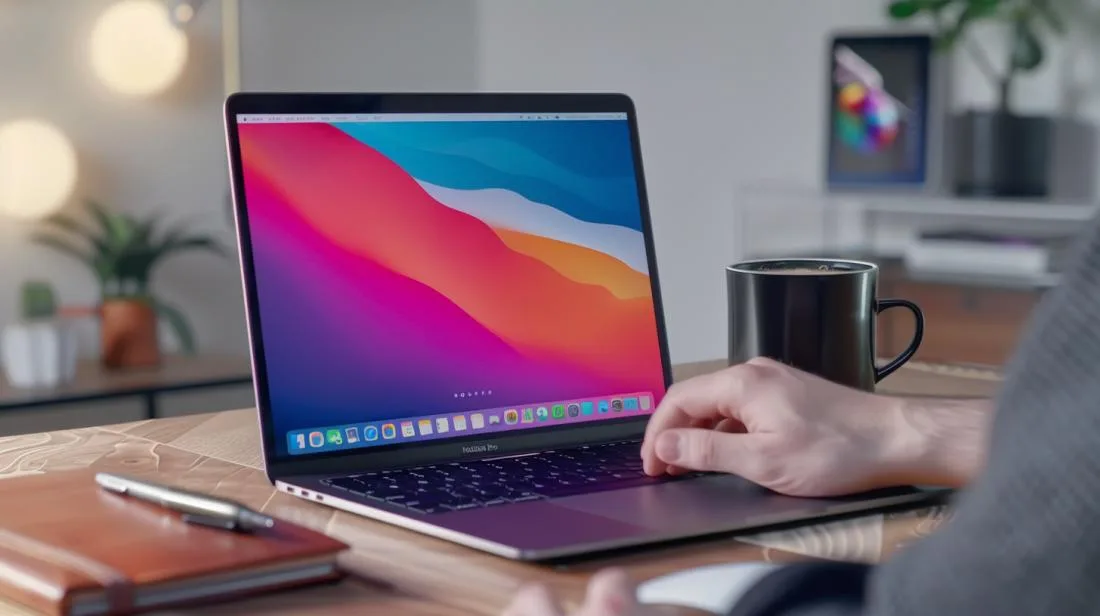Mão ajustando ícones de pastas personalizadas em MacBook Pro, em uma mesa de madeira minimalista.
