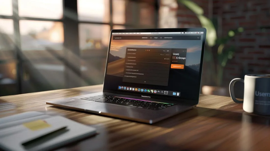 Pessoa alterando nome do administrador em um MacBook dentro de um escritório moderno e elegante.