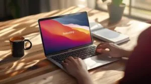 Fotografia realista de um MacBook Air reiniciando em uma mesa moderna com luz natural.