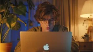 Jovem recupera senha em MacBook moderno numa sala bem iluminada com decoração escandinava minimalista.