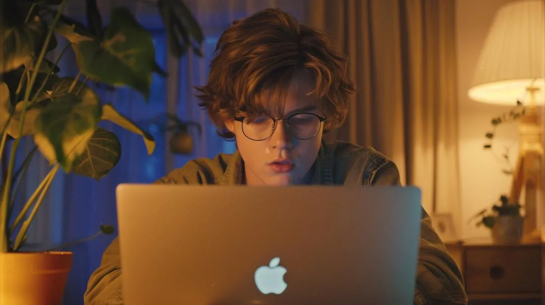 Jovem recupera senha em MacBook moderno numa sala bem iluminada com decoração escandinava minimalista.