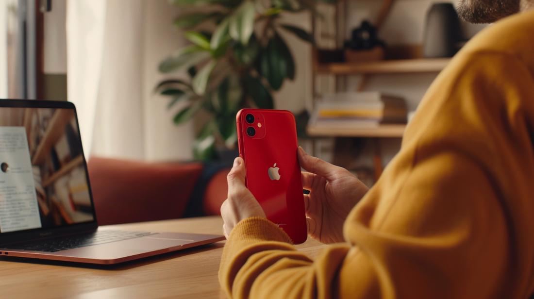 Fotografia hiper-realista de um usuário resetando um iPhone 11 vermelho em ambiente moderno.