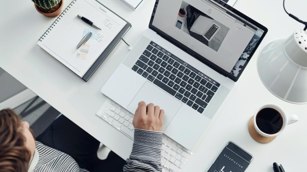 Fotografia hiper-realista de um MacBook Pro sendo resetado em uma mesa minimalista e moderna.