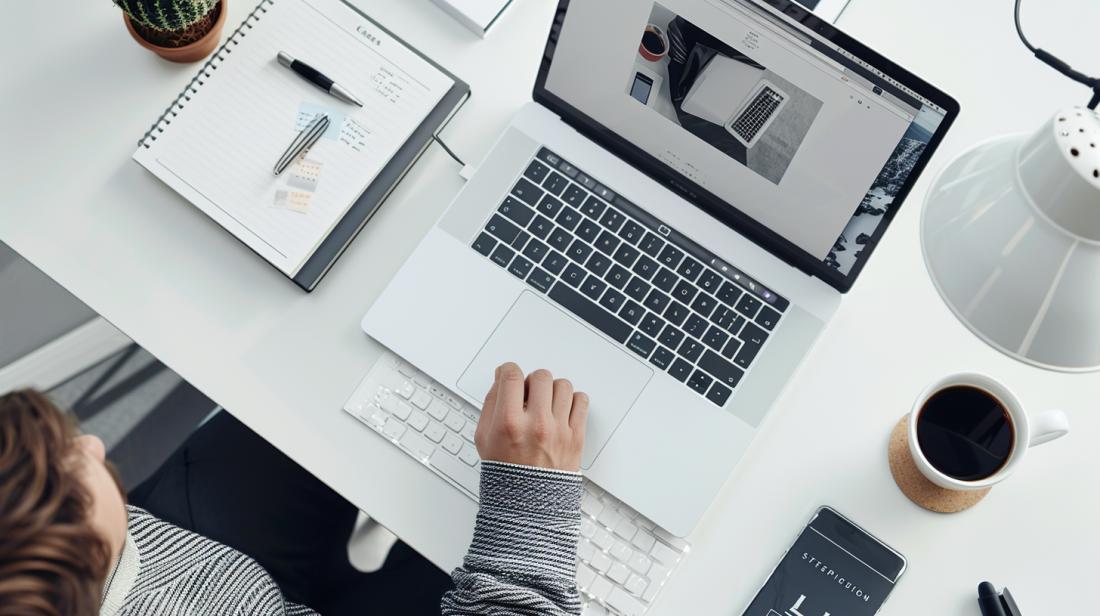 Fotografia hiper-realista de um MacBook Pro sendo resetado em uma mesa minimalista e moderna.