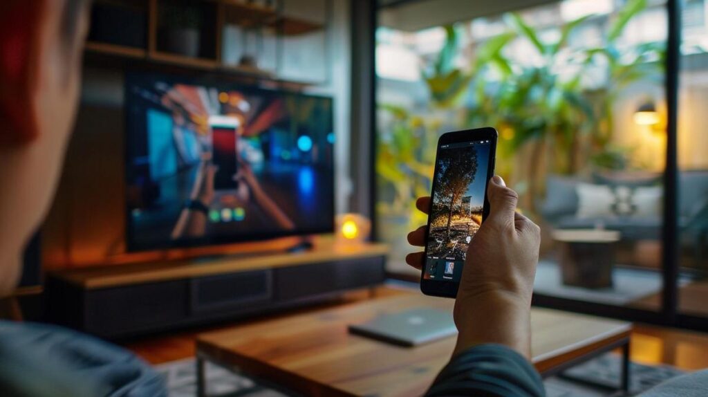 Como usar AirPlay do iPhone para MacBook? 2 Fotografia hiper-realista de um iPhone transmitindo vídeo HD sem fio para um MacBook via AirPlay.