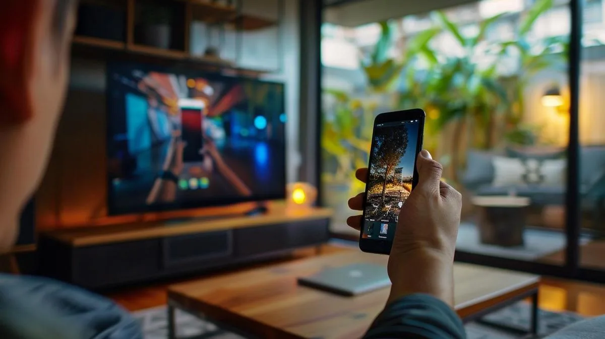 Fotografia hiper-realista de um iPhone transmitindo vídeo HD sem fio para um MacBook via AirPlay.
