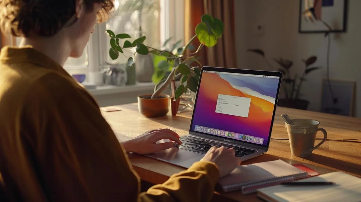 Foto realista de um jovem aprendendo a usar um MacBook Air em um escritório acolhedor.