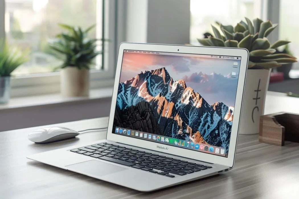 MacBook Air 2015 impecável em uma mesa minimalista, cercado por acessórios elegantes e bem iluminado.