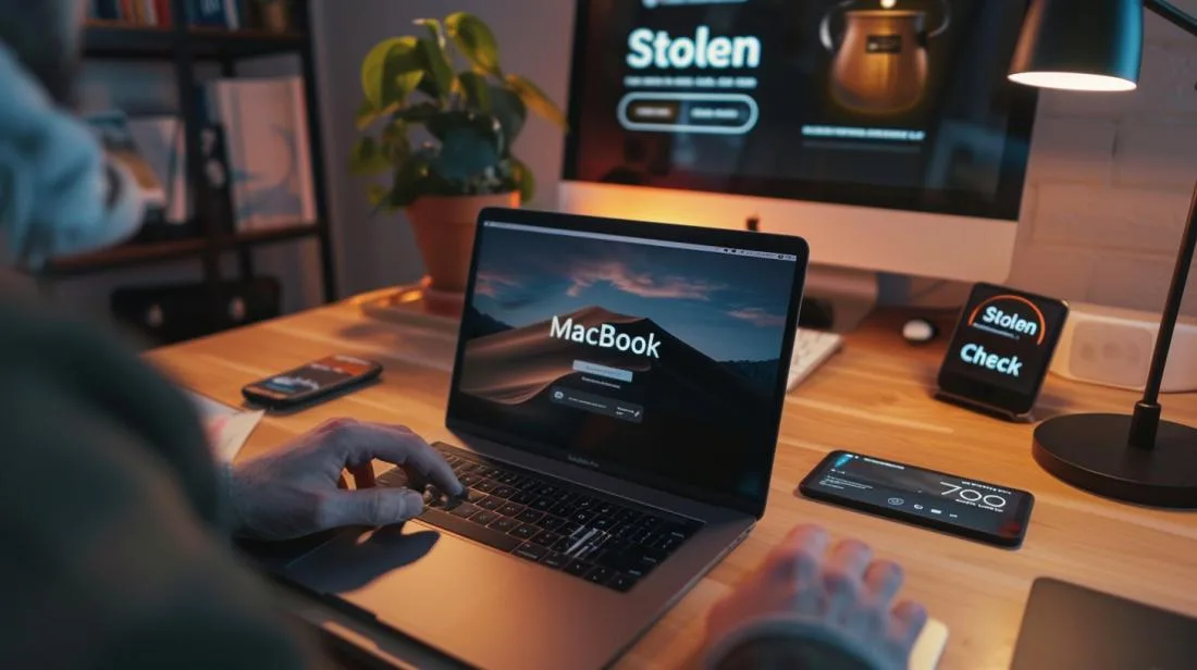 Pessoa inspecionando o número de série de um MacBook Pro em um escritório moderno.