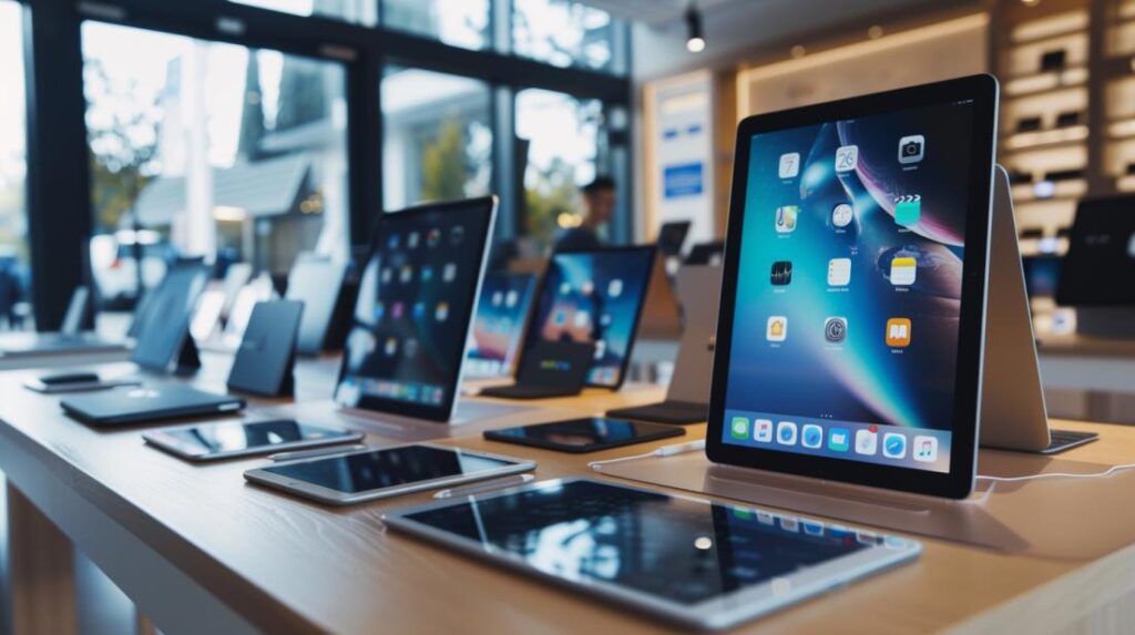 Comparar iPad: Qual modelo oferece melhor custo-benefício? 2 Fotografia hiper-realista comparando vários modelos de iPad em uma loja de tecnologia moderna.
