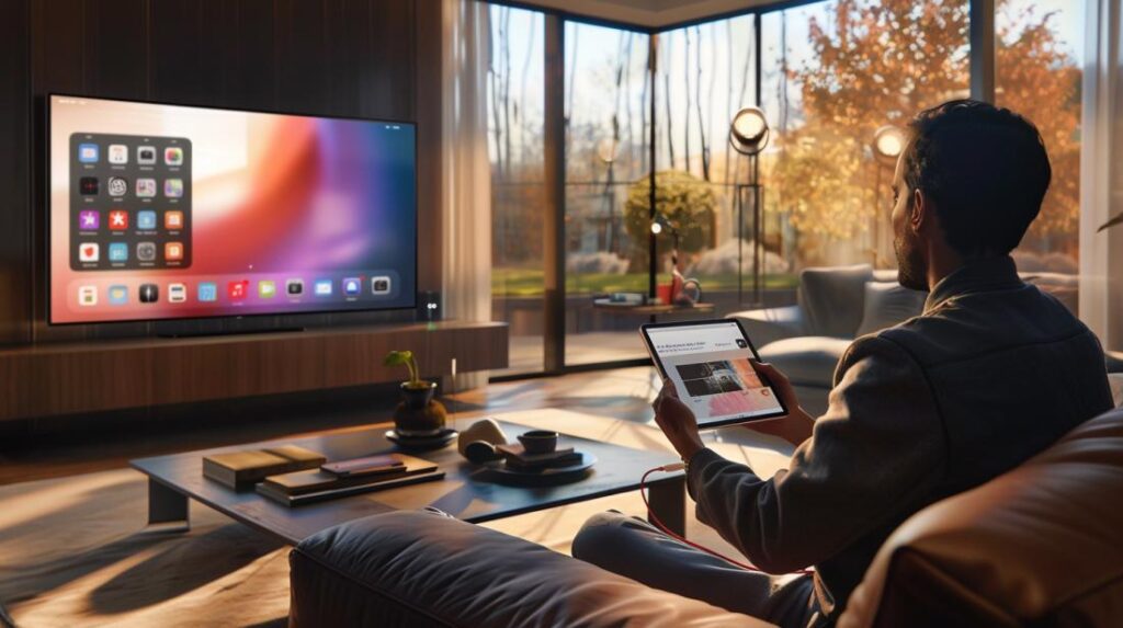 Conector HDMI iPad: Como Usar para Ligar na TV? 2 Fotografia hiper-realista de sala moderna com iPad conectado a TV via adaptador HDMI elegante.