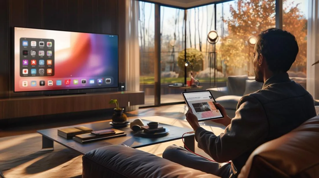Conector HDMI iPad: Como Usar para Ligar na TV? 30 Fotografia hiper-realista de sala moderna com iPad conectado a TV via adaptador HDMI elegante.
