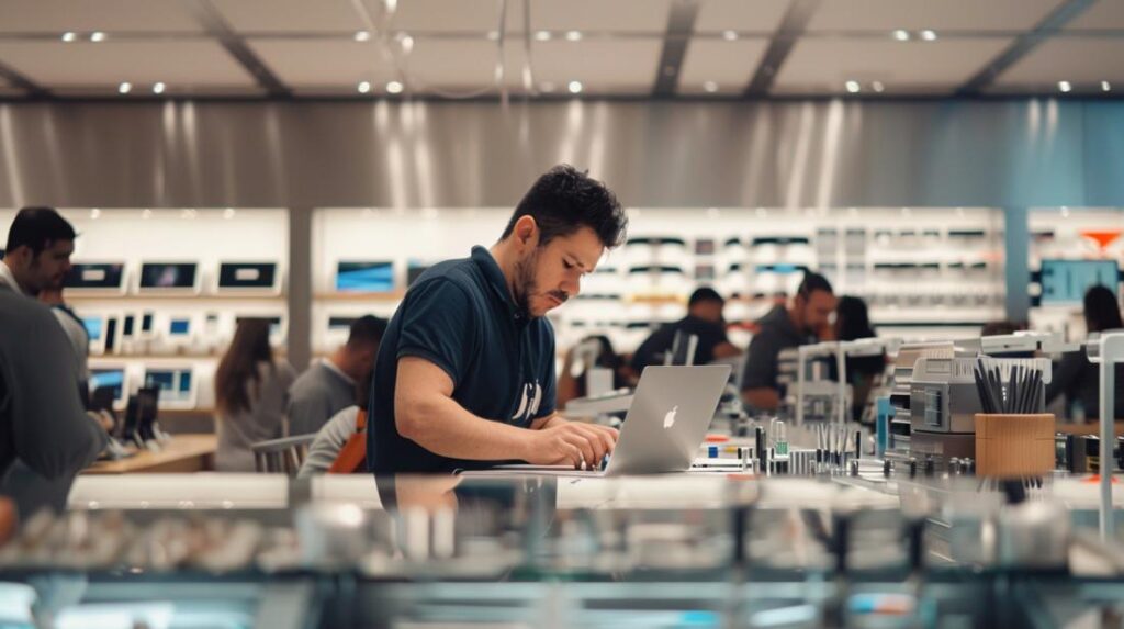 Conserto de MacBook: Como encontrar assistência confiável? 2 Técnico consertando um MacBook Pro em ambiente moderno e organizado de uma loja Apple.