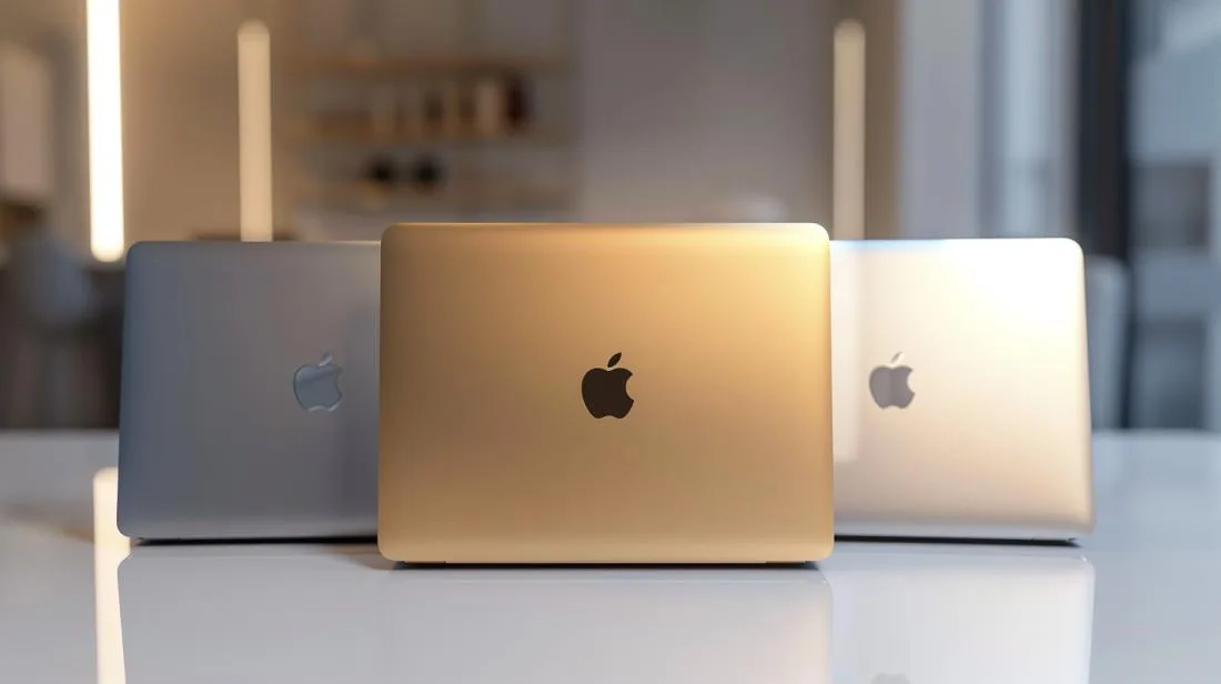 Fotografia hiper-realista dos novos MacBooks Air nas cores Cinza Espacial, Prata e Ouro.