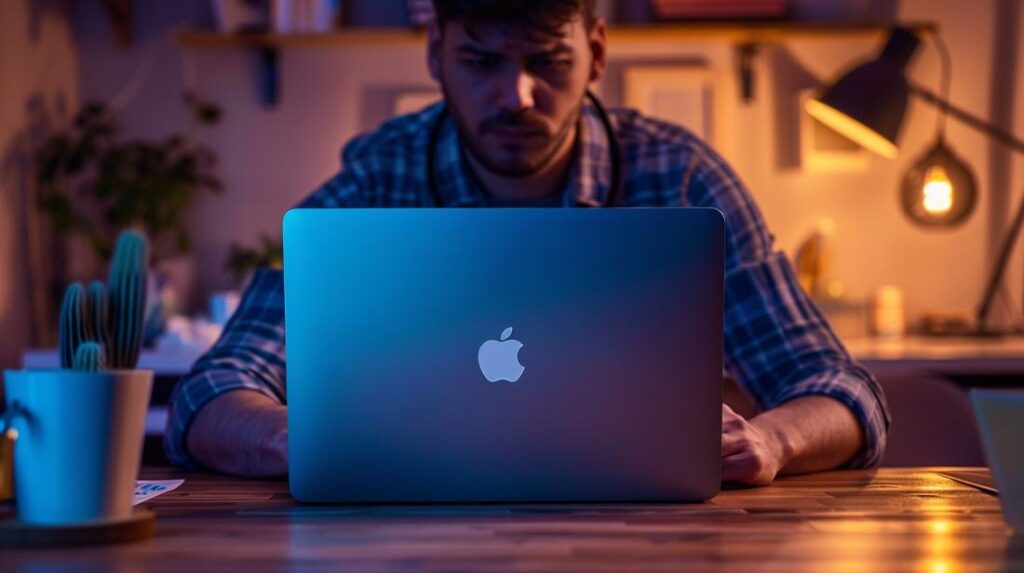 Ctrl Alt Del MacBook: Como Forçar Encerramento? 2 Usuário frustrado forçando desligamento de MacBook não responsivo em escritório moderno.